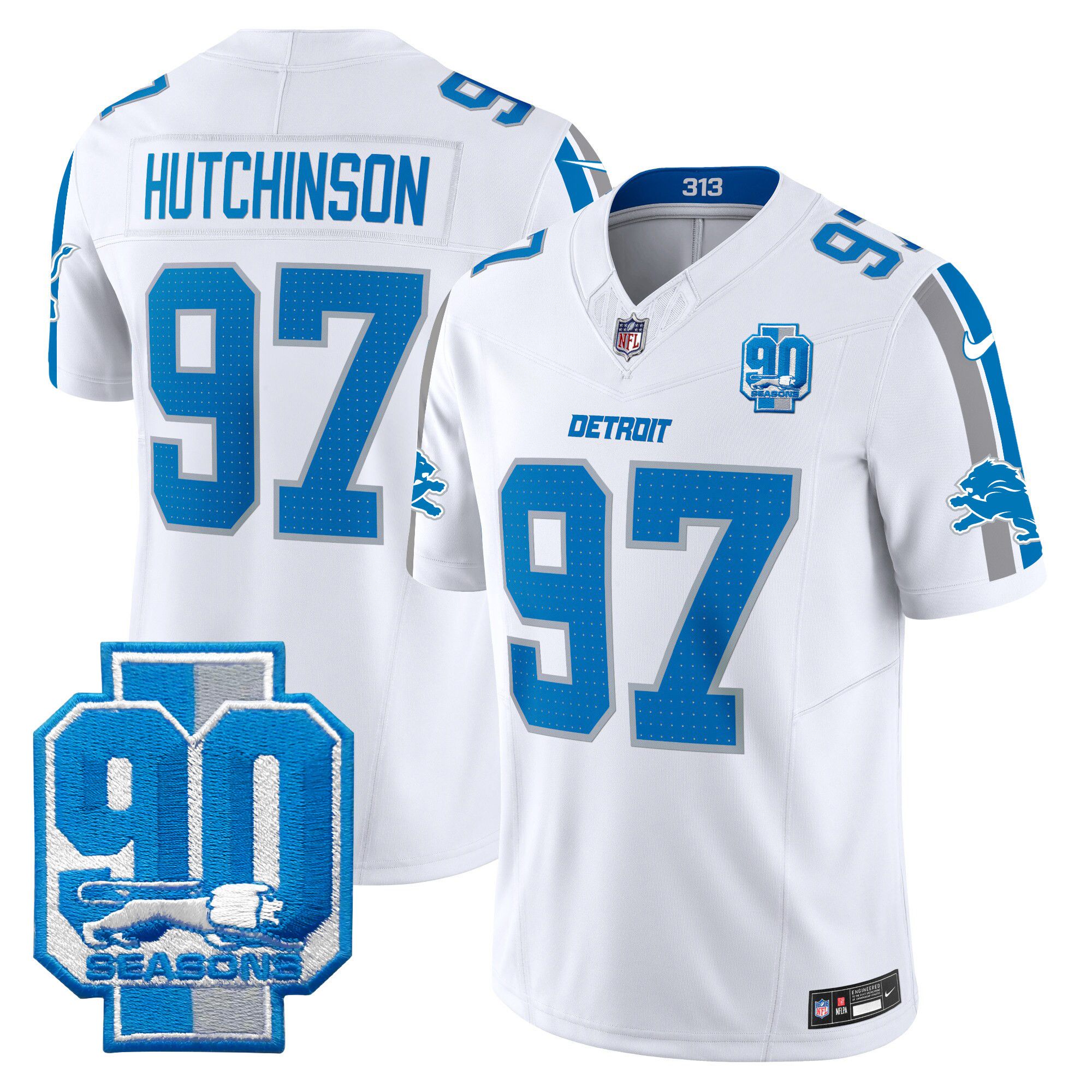 Men Detroit Lions #97 Hutchinson White 2024 Nike 90th Year Patch Vapor Limited NFL Jersey